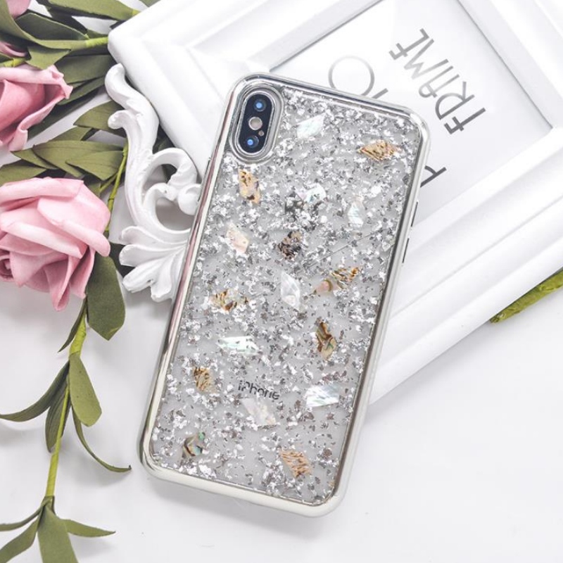 แอปเปิ้ลขายตรง iPhone ชุบฟอยล์สีทองขอบนางฟ้าเปลือกหอยที่มีสีสันโปร่งใสเปลือกมือถือที่กำหนดเอง